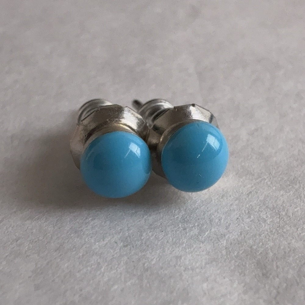 Sterling Silver Turquoise Blue Cabochon Stud Earrings Screw Back Round Small